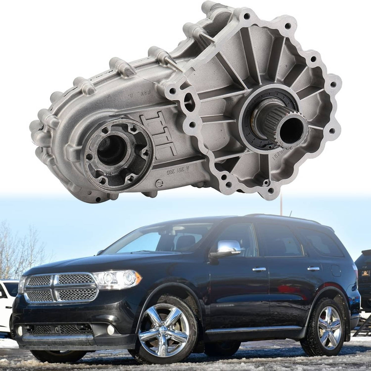 Transfer case assembly in silver aluminum housing with two circular end ports