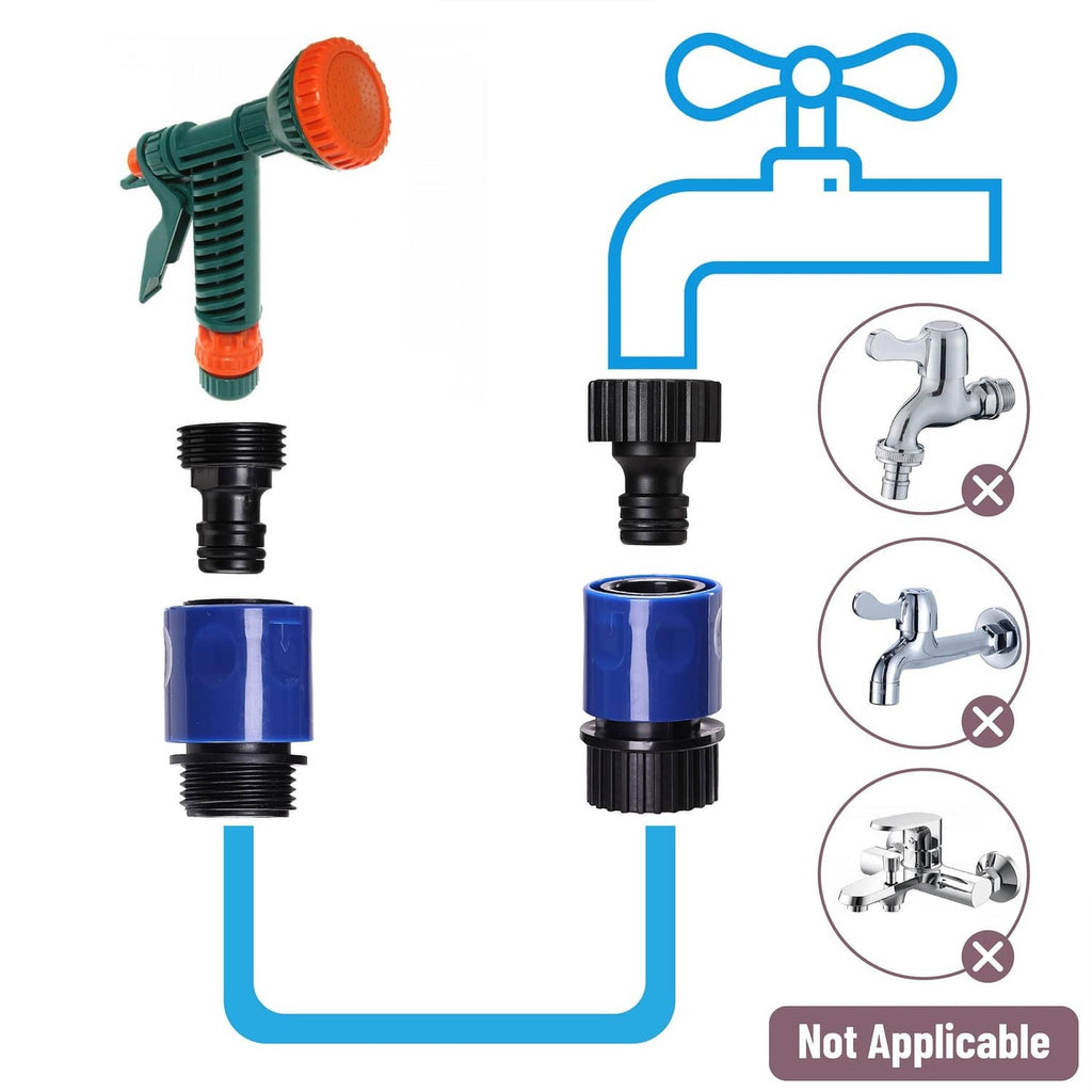 Blue garden hose quick connector with black fittings and illustrated connection diagram