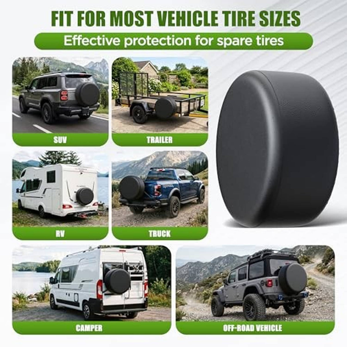 Spare tire cover for most vehicle spare tires, shown on SUV and truck use