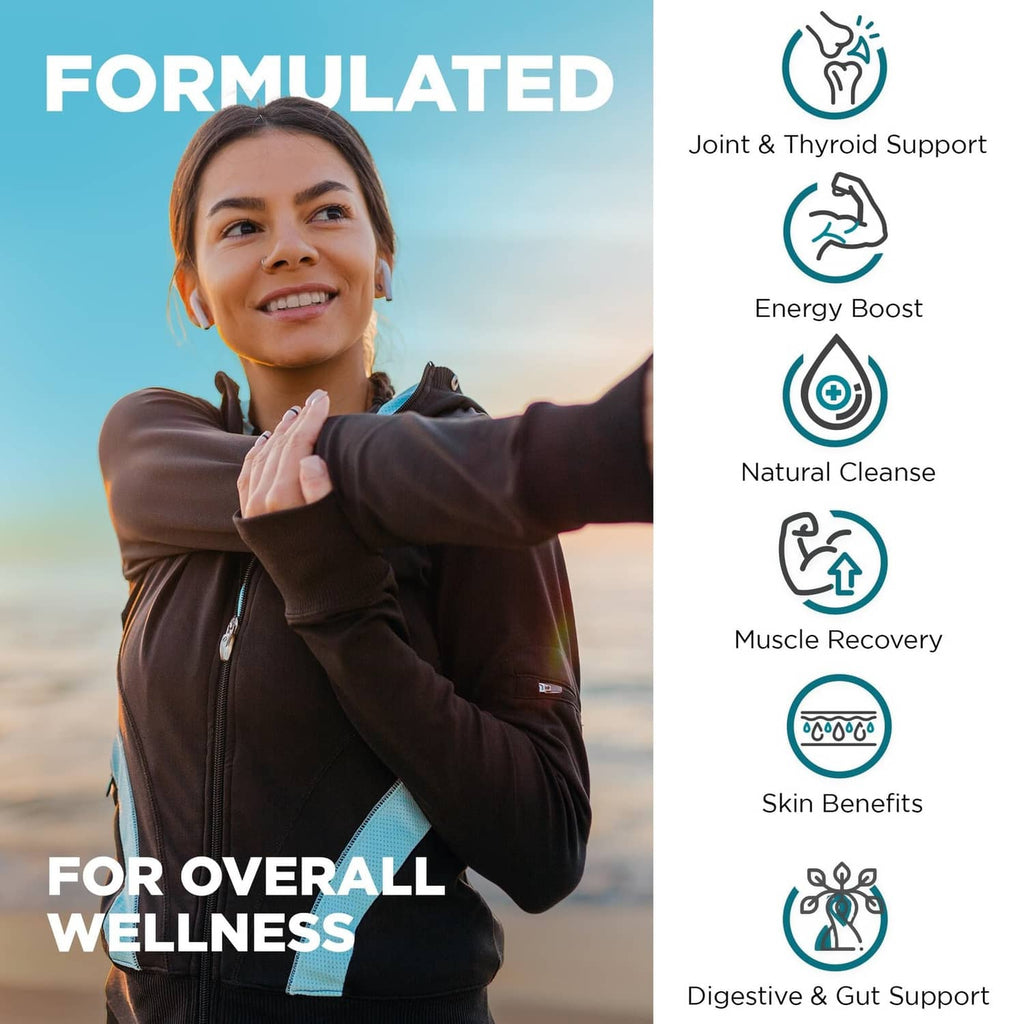 NutriVein Sea Moss wellness supplement with woman portrait and support icons