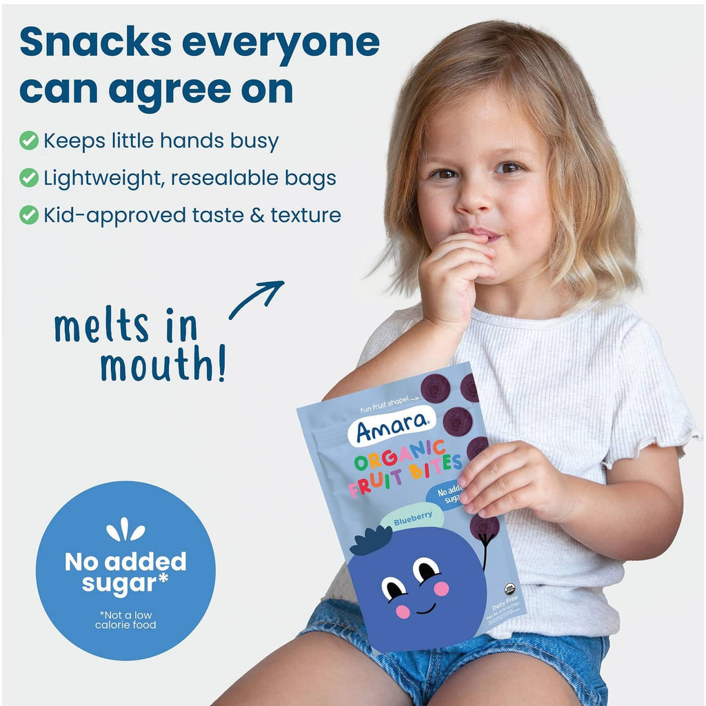 Child holding Amara Organic Fruit Bites blueberry pouch