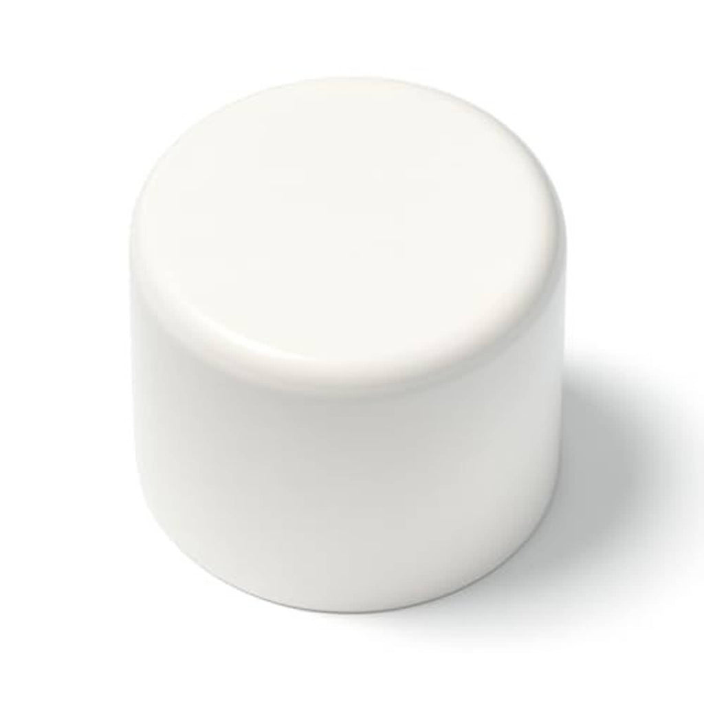White plastic pipe end cap with round top and cylindrical body
