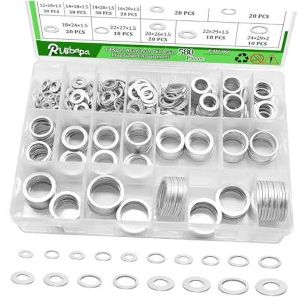 Assorted aluminum oil drain plug crush washers in clear plastic organizer, silver