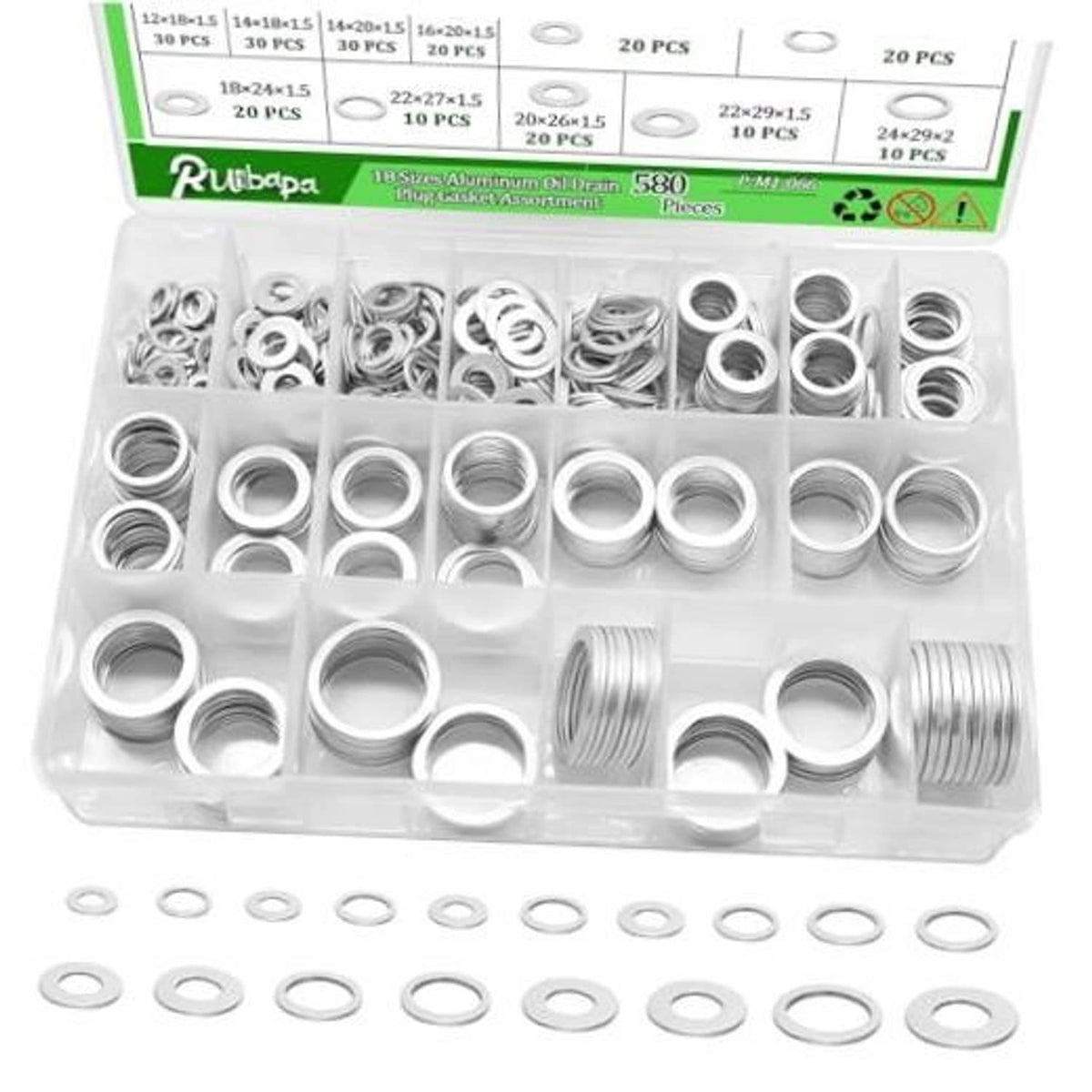 Assorted aluminum oil drain plug crush washers in clear plastic organizer, silver