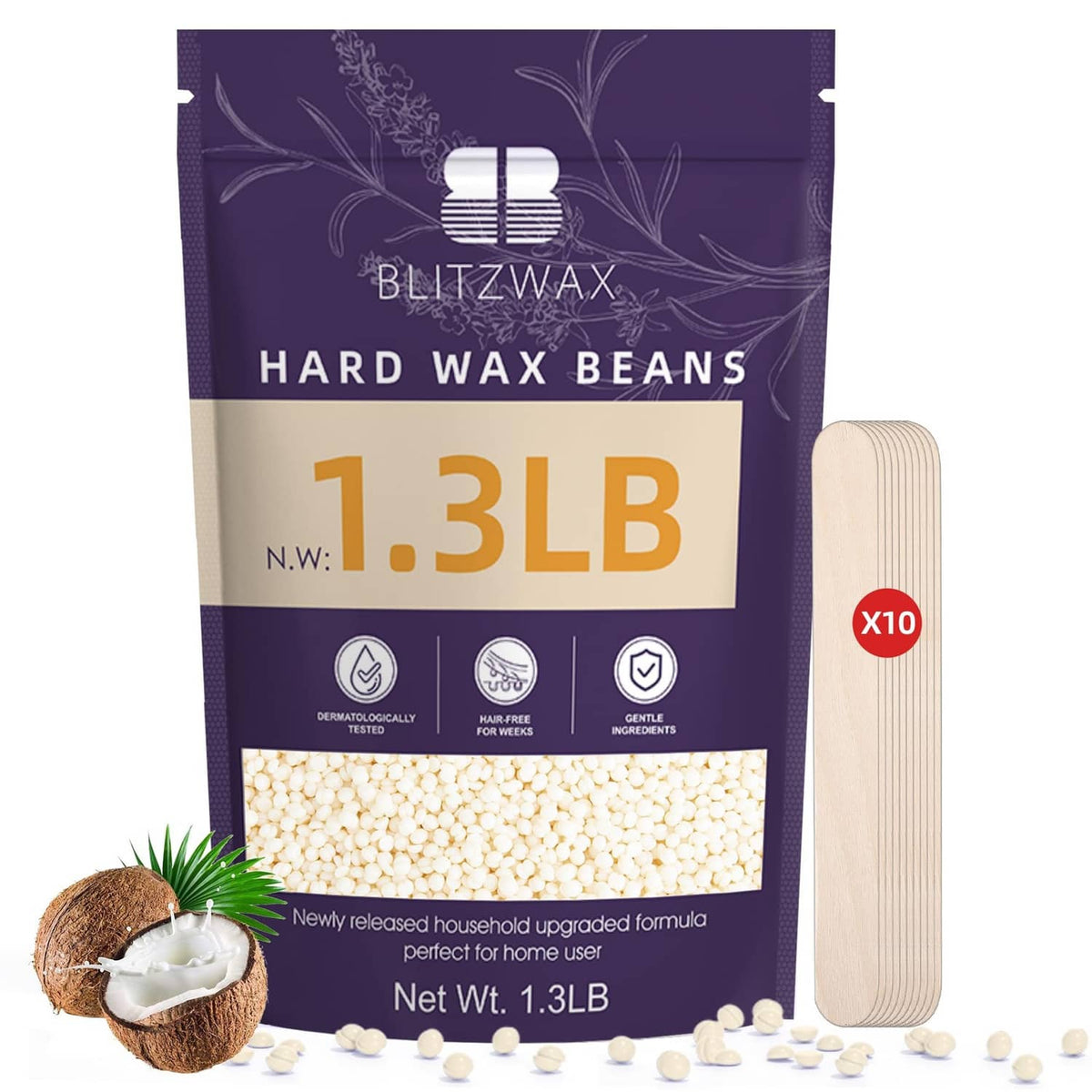 BLITZWAX hard wax beans pack with cream wax beads and wooden spatulas