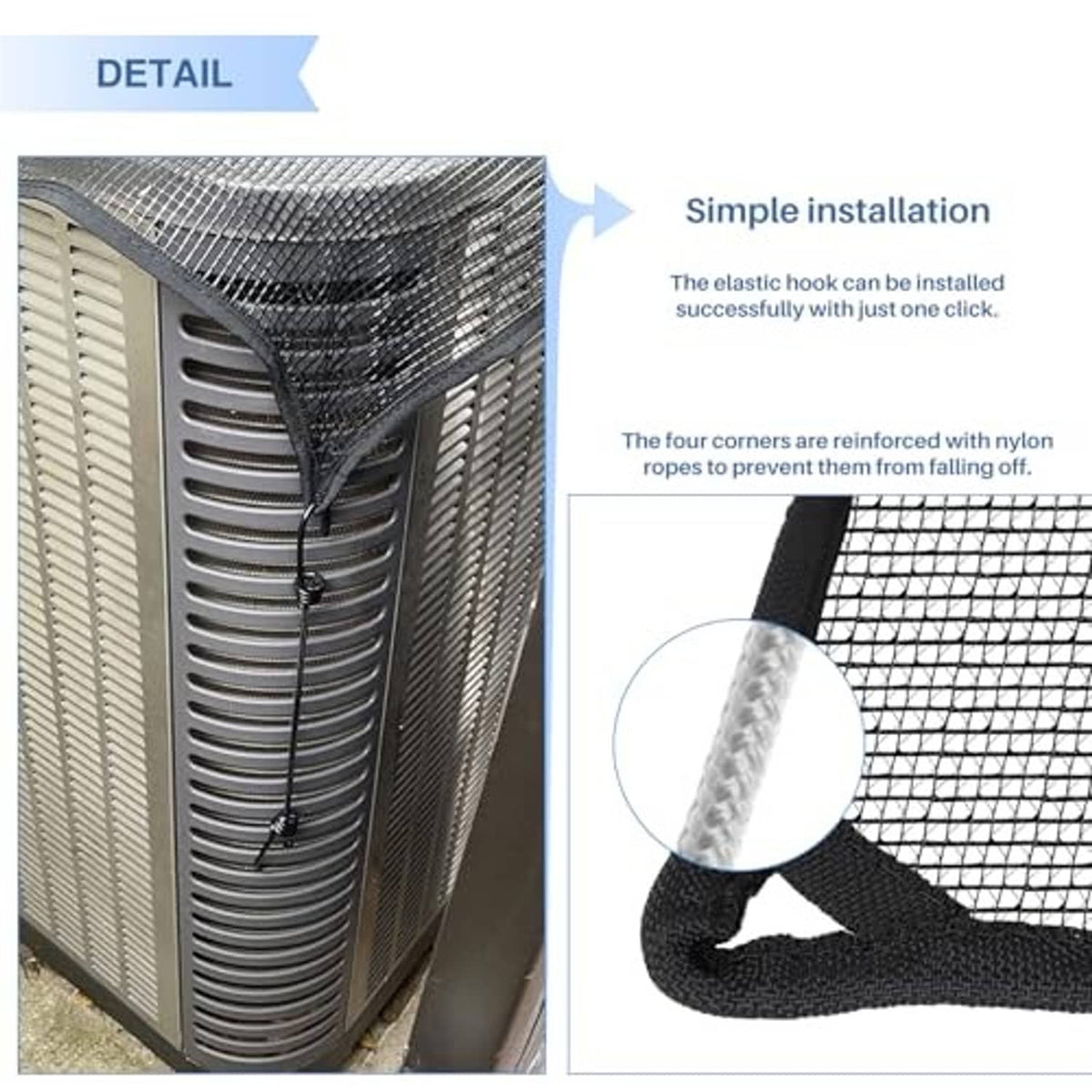 AC cover corner detail with elastic cords and loop hooks