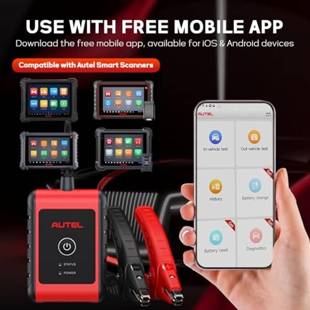 Red battery tester with clamp cables and connected smartphone app screen