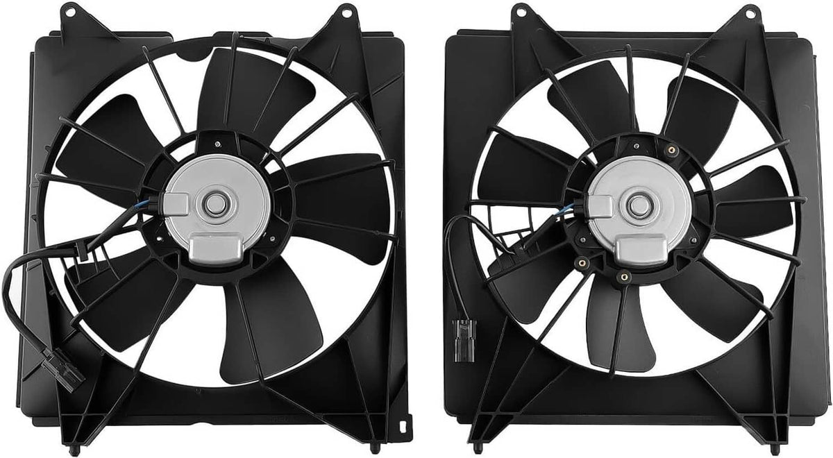 Dual radiator cooling fan assembly with black shroud and silver center hub