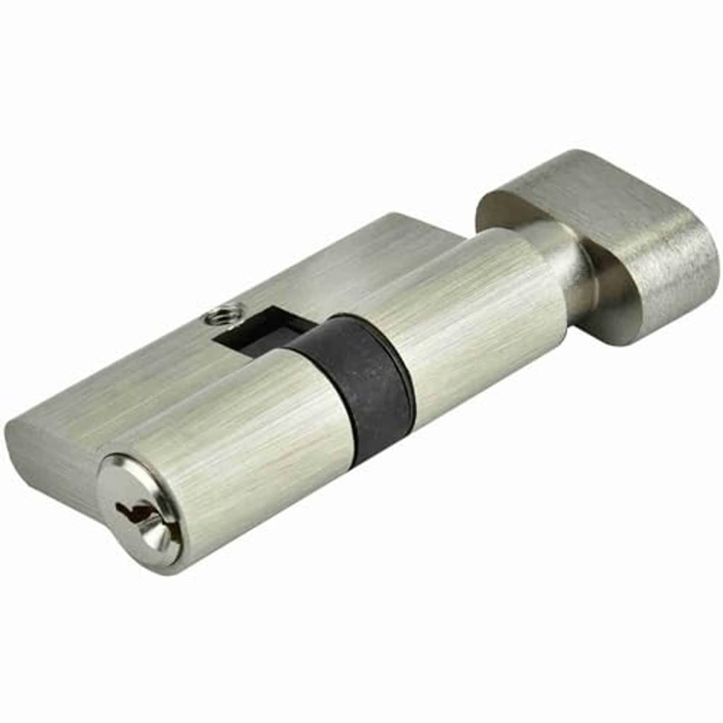 Copper-toned cylinder lock with black center band and keyhole on front end