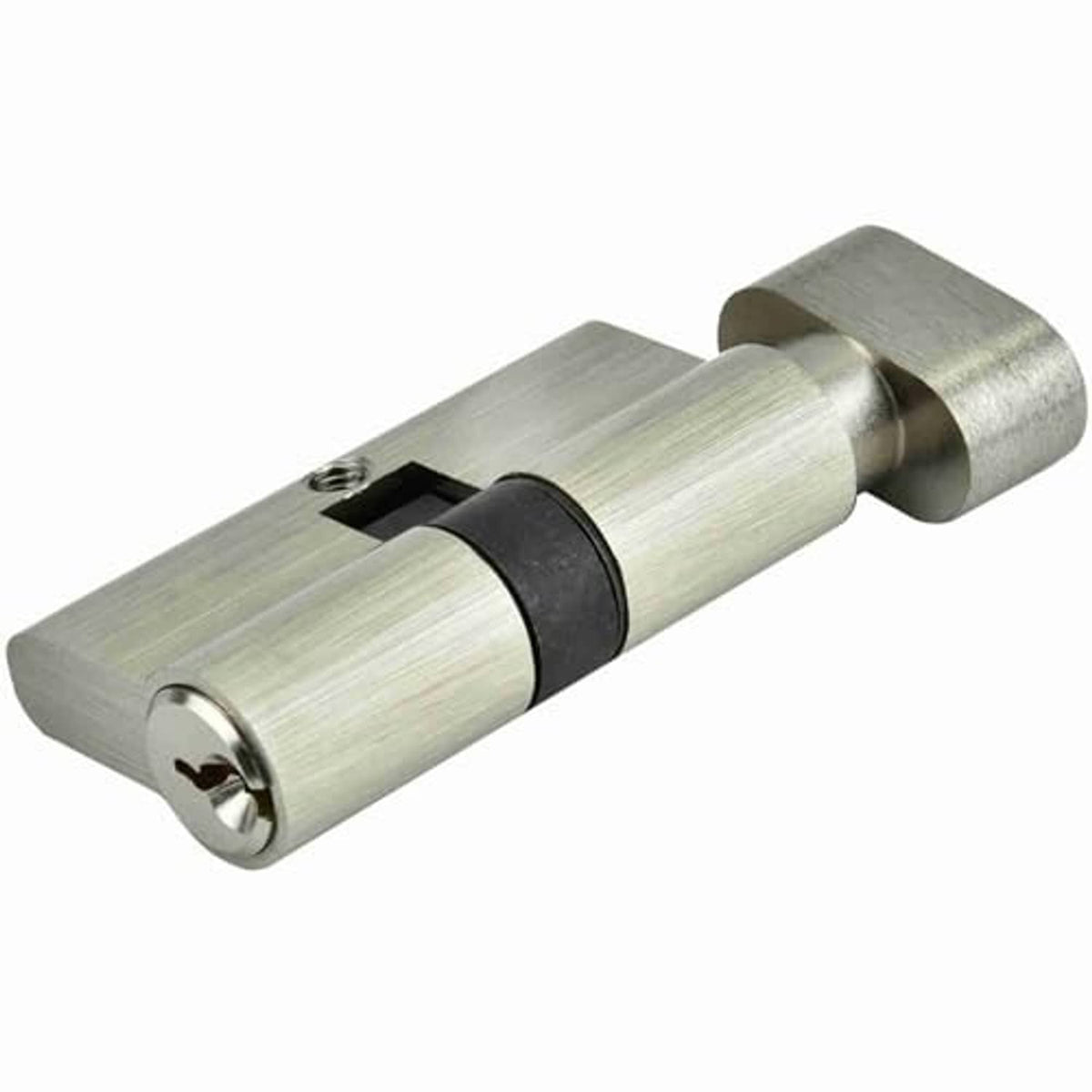 Copper-toned cylinder lock with black center band and keyhole on front end