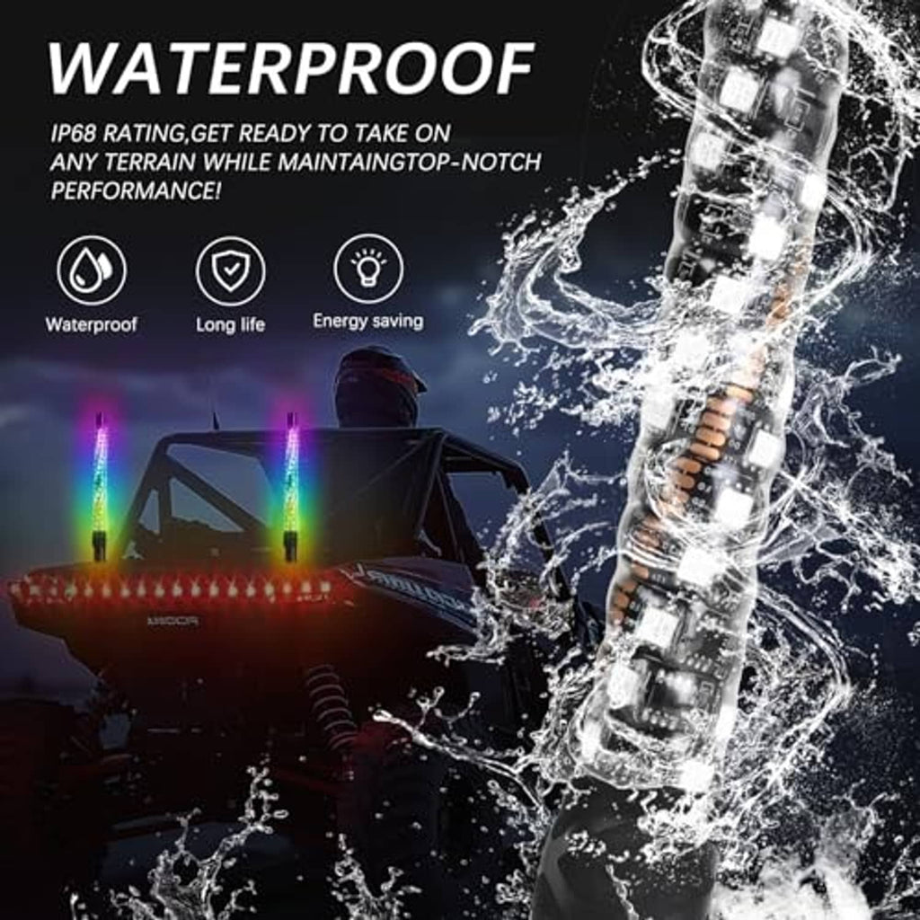Waterproof spiral LED whip light with bright multicolor LEDs and water splash