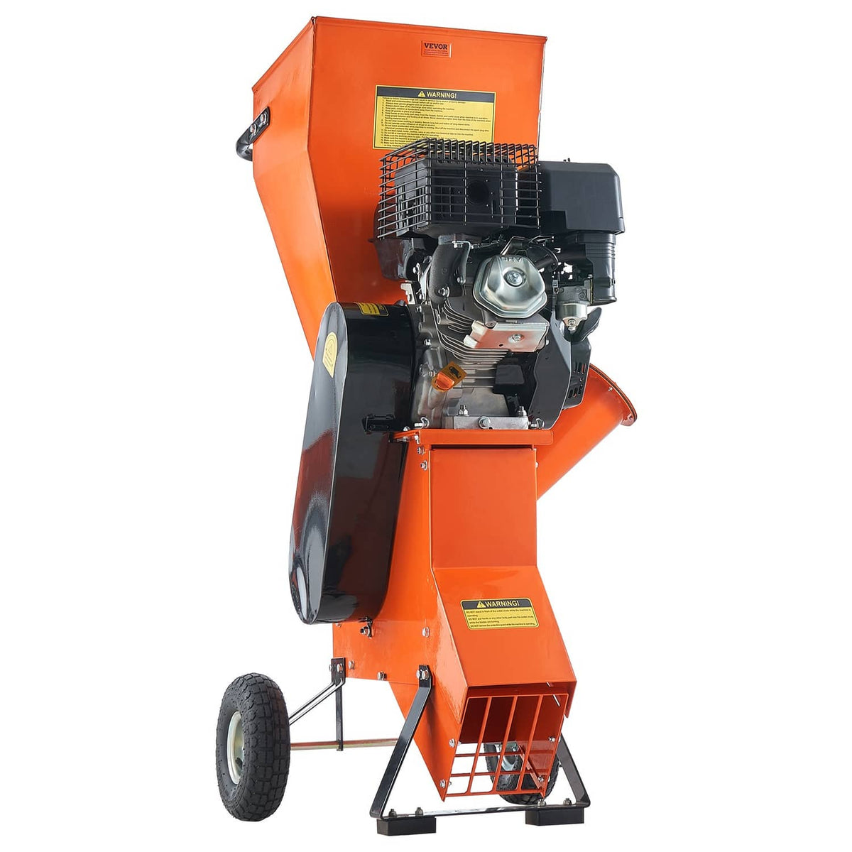 Orange wood chipper shredder mulcher with exposed gas engine, hopper, and tow wheels