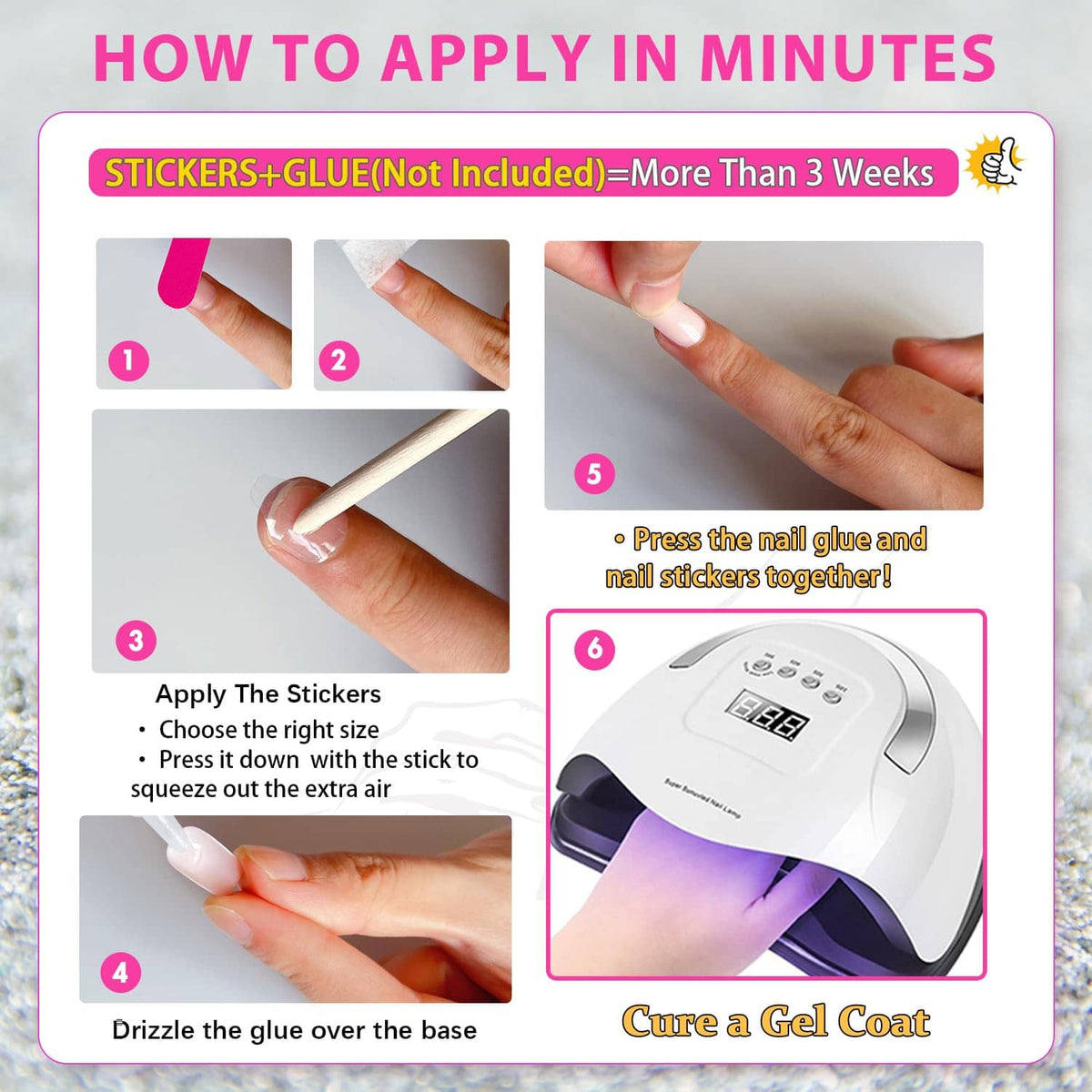Step-by-step nail application using press-on stickers and a UV gel lamp