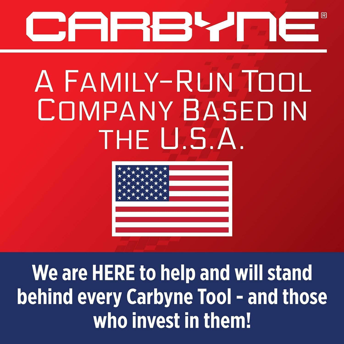 CARBYNE brand information card with U.S. flag and family-run tool company text