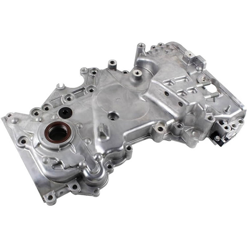 Engine timing cover oil pump assembly, silver metal with circular openings and mounting tabs