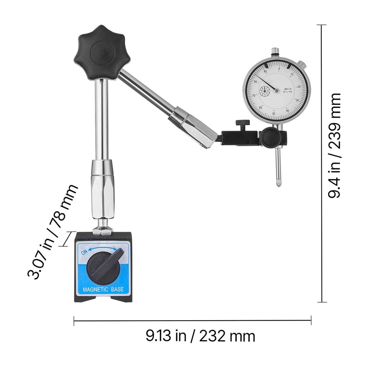 Dial test indicator assembly with adjustable probe arm and magnetic base, dimension view