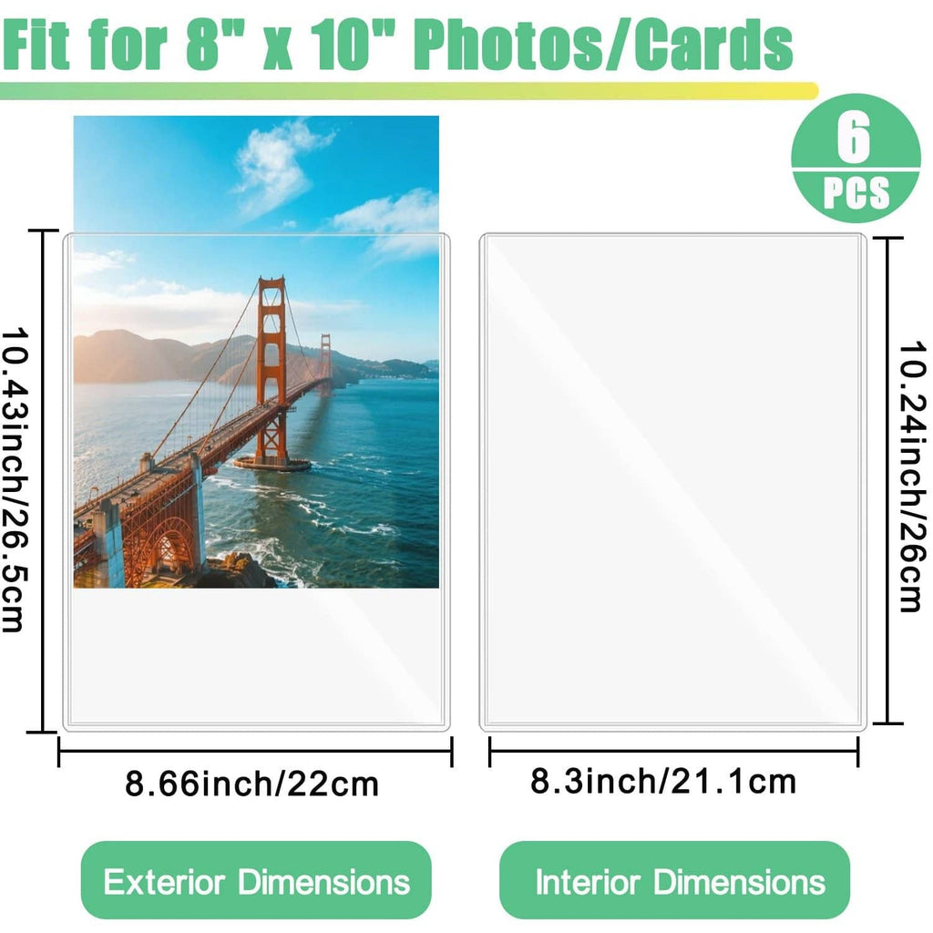 8 x 10 in clear rigid card sleeves set of 6 with exterior and interior dimensions