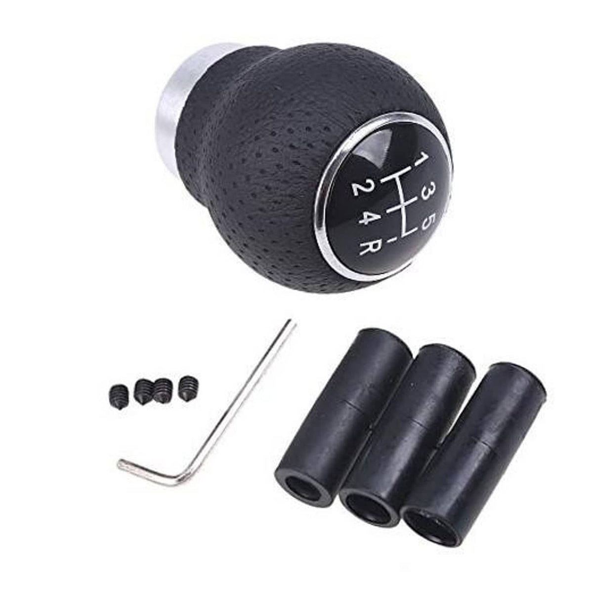 5-speed gear shift knob with black textured leather grip and metal shift-ring, numbered positions