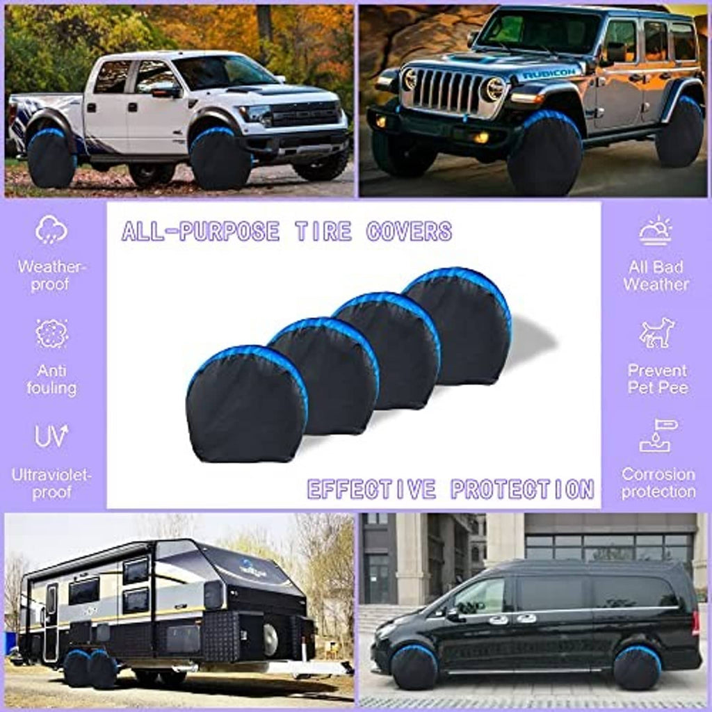 All-purpose tire cover set with four blue-and-black covers for UV and weather protection