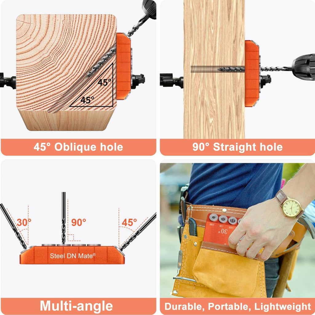 Orange multi-angle drill guide jig for oblique and straight holes in wood