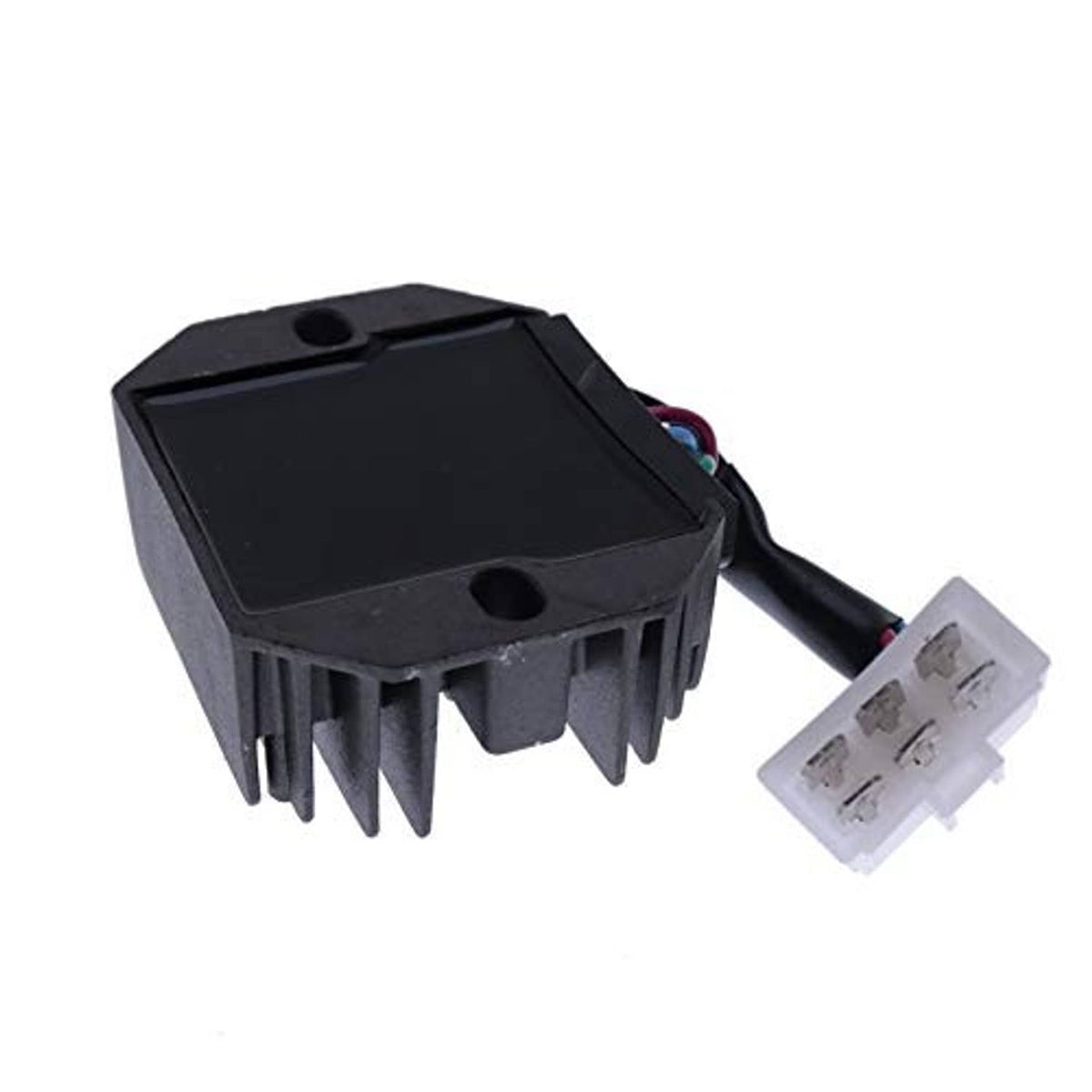 Voltage regulator rectifier module with black housing, cooling fins, and white 2-connector plug