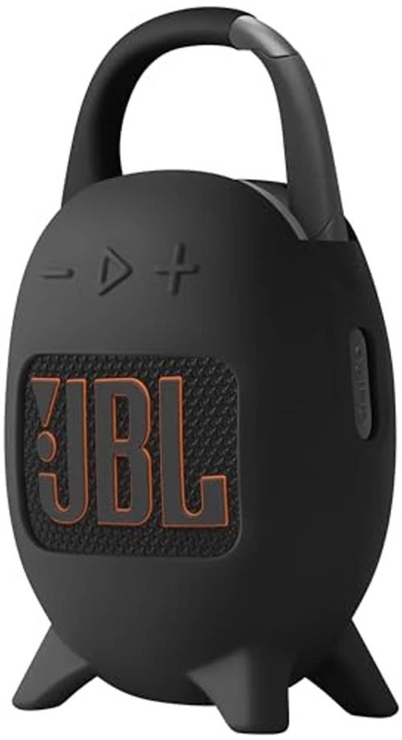 Black silicone carrying case with handle and JBL logo, side profile view