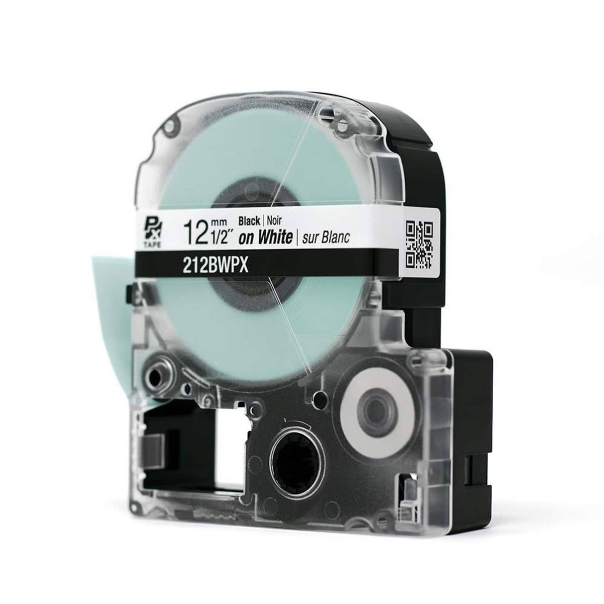 LabelWorks PX tape cartridge with black-on-white 12mm tape and QR code label