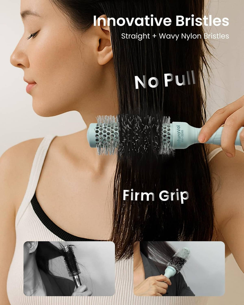 Close-up round brush with vented nylon bristles and teal grip handle