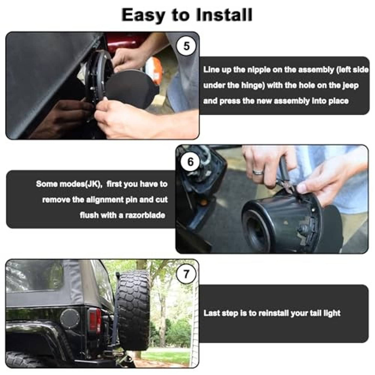 Black gas cap cover installation step showing hands aligning the cover to the hinge