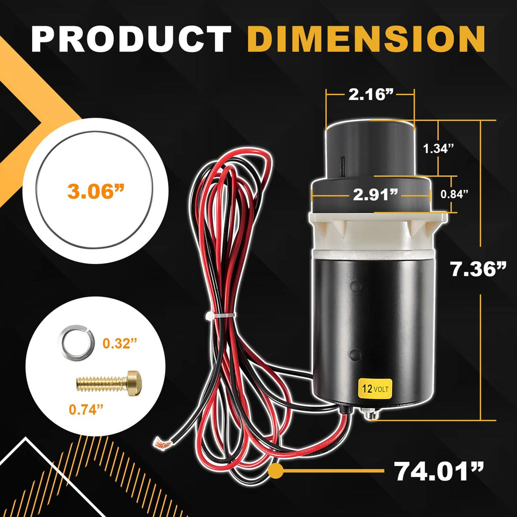 Marine toilet pump assembly kit dimensions view with black motor and red wiring leads