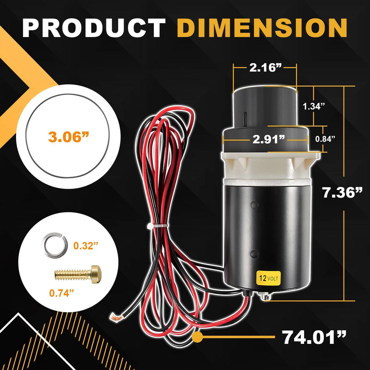 Marine toilet pump assembly kit dimensions view with black motor and red wiring leads