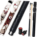 Pool cue set with black hard case, spider design shafts, and red-tipped joint protectors