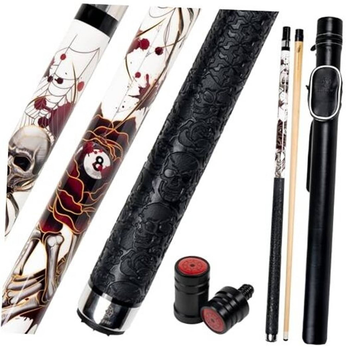 Pool cue set with black hard case, spider design shafts, and red-tipped joint protectors