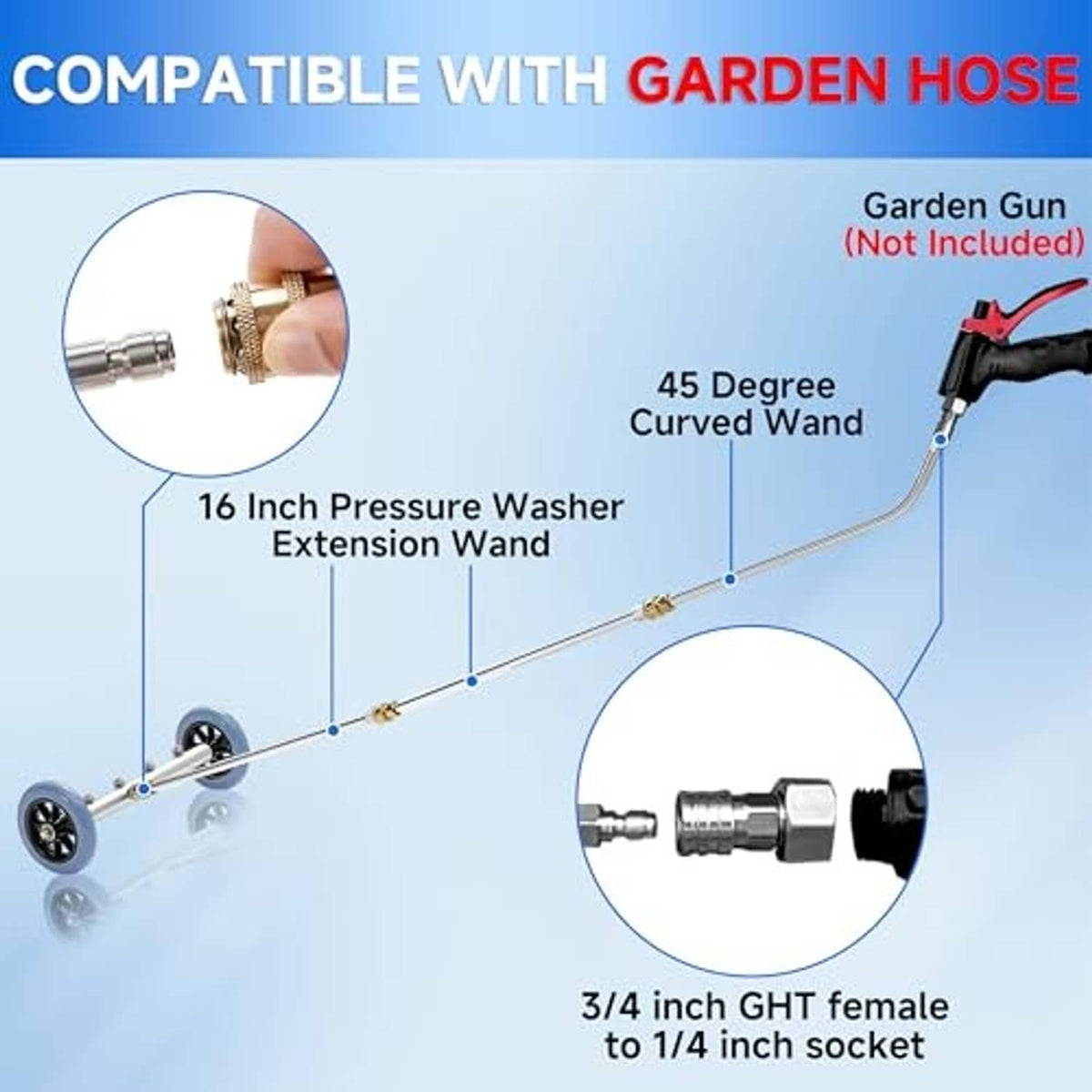 16-inch pressure washer extension wand with 45-degree curved wand and blue wheel base