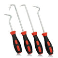 4-piece hose removal hook tool set with black grips and red ends, stainless steel hooks