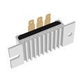 Voltage regulator rectifier with silver heatsink and black base, gold mounting terminals
