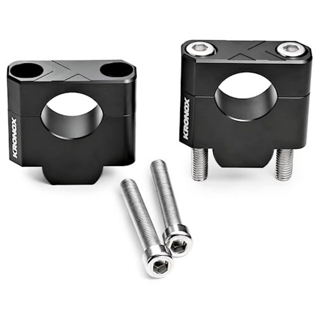Pair of black handlebar riser clamps with silver mounting bolts included