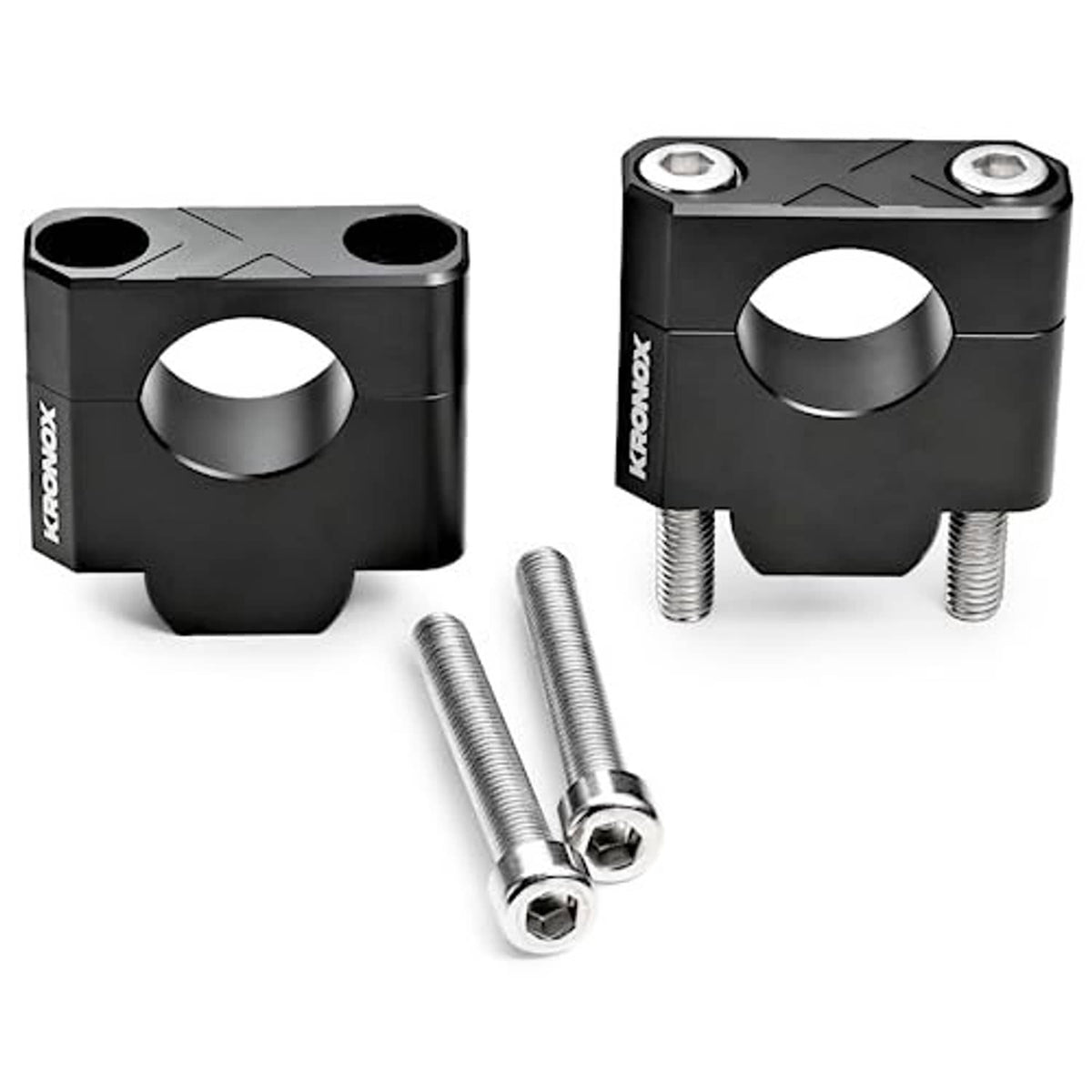 Pair of black handlebar riser clamps with silver mounting bolts included