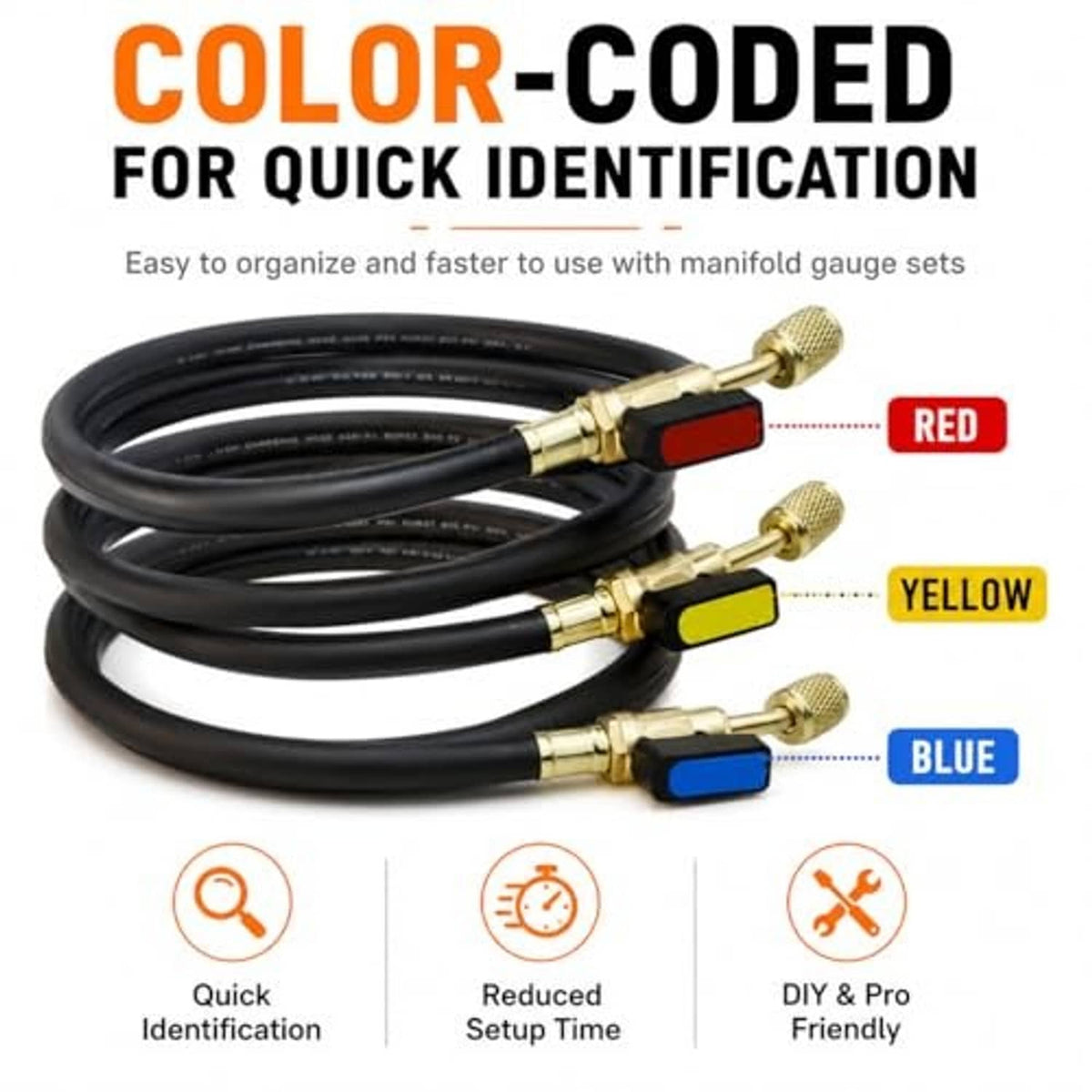 AC hoses with red, yellow, blue ball valves and brass quick-connect ends