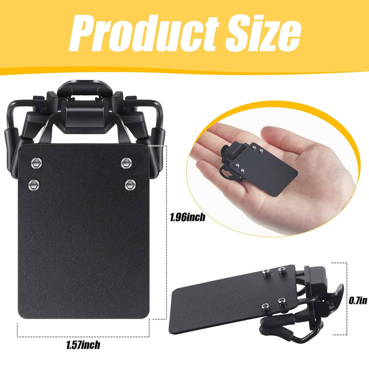 Black clip-on shooting glasses patch held in hand, with adjustable strap and screws