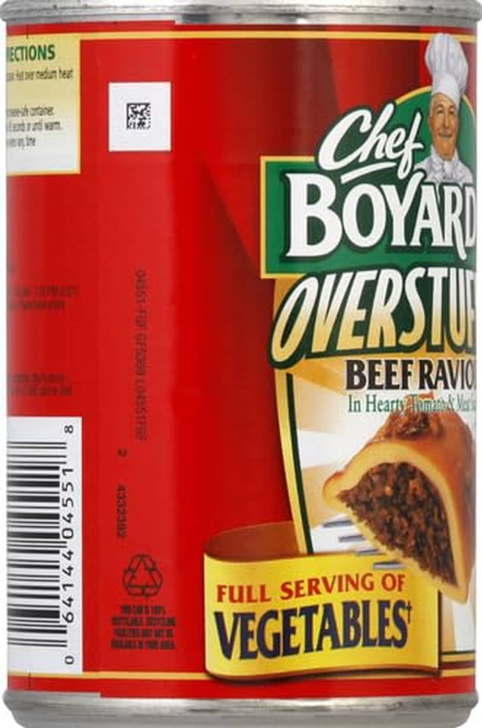 Chef Boyardee Overstuffed Beef Ravioli can with front label and serving info