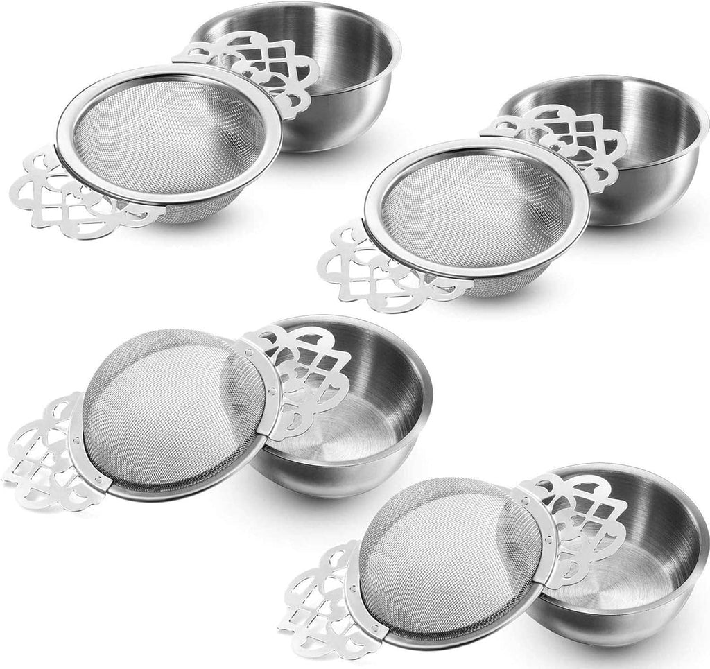 Stainless steel tea strainer set with mesh infusers and drip bowls, 4 pieces