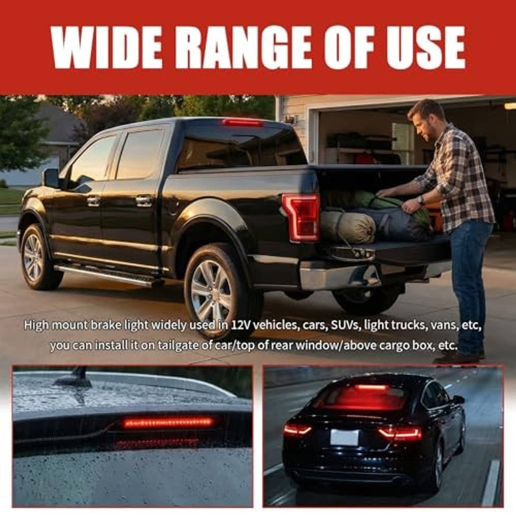 Red LED third brake light bar mounted on vehicle, illuminated