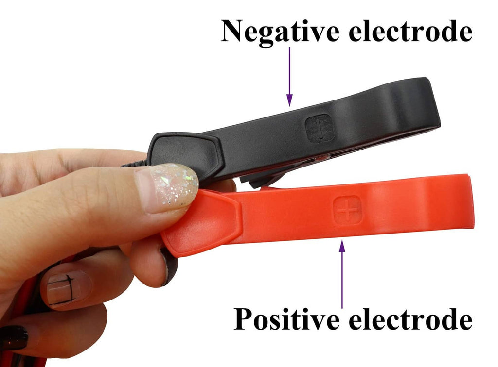 Orange and black alligator battery clamps with attached positive and negative lead wires