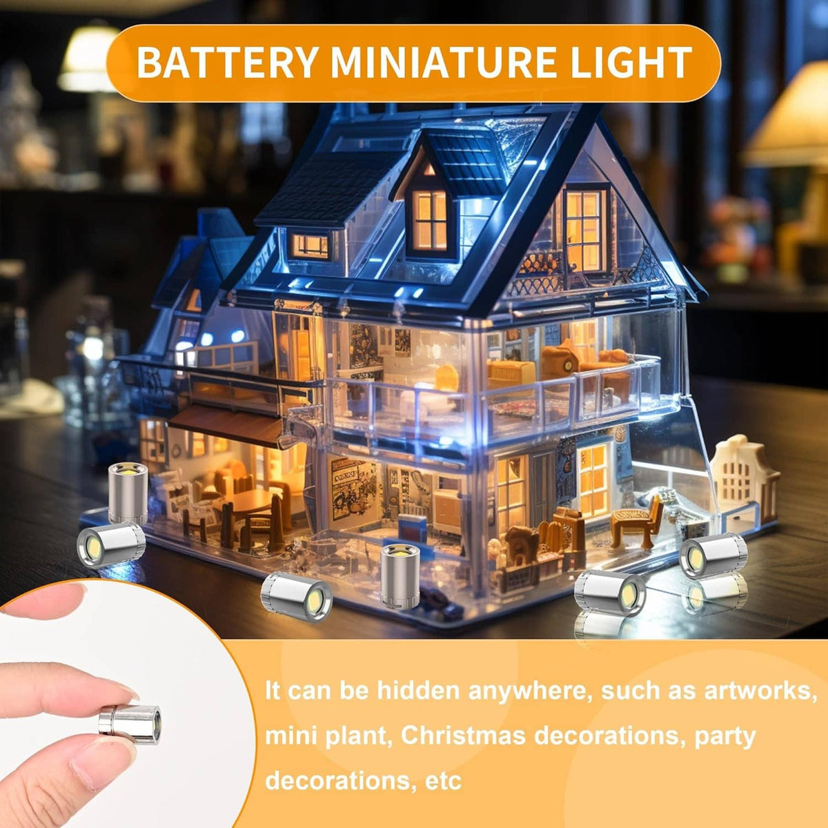 Battery mini LED spotlight lights illuminating a miniature dollhouse display