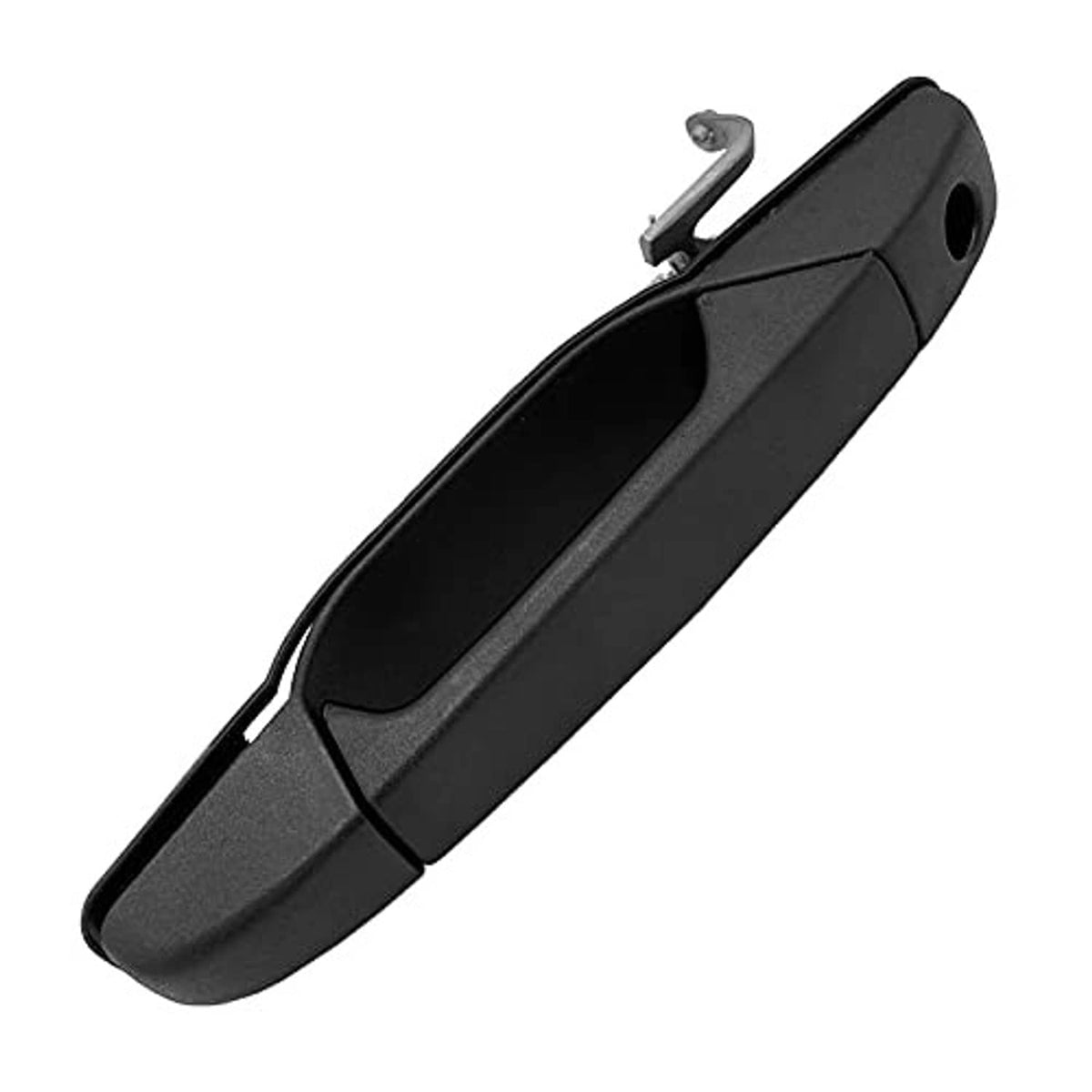 Black exterior front driver-side door handle with round latch opening