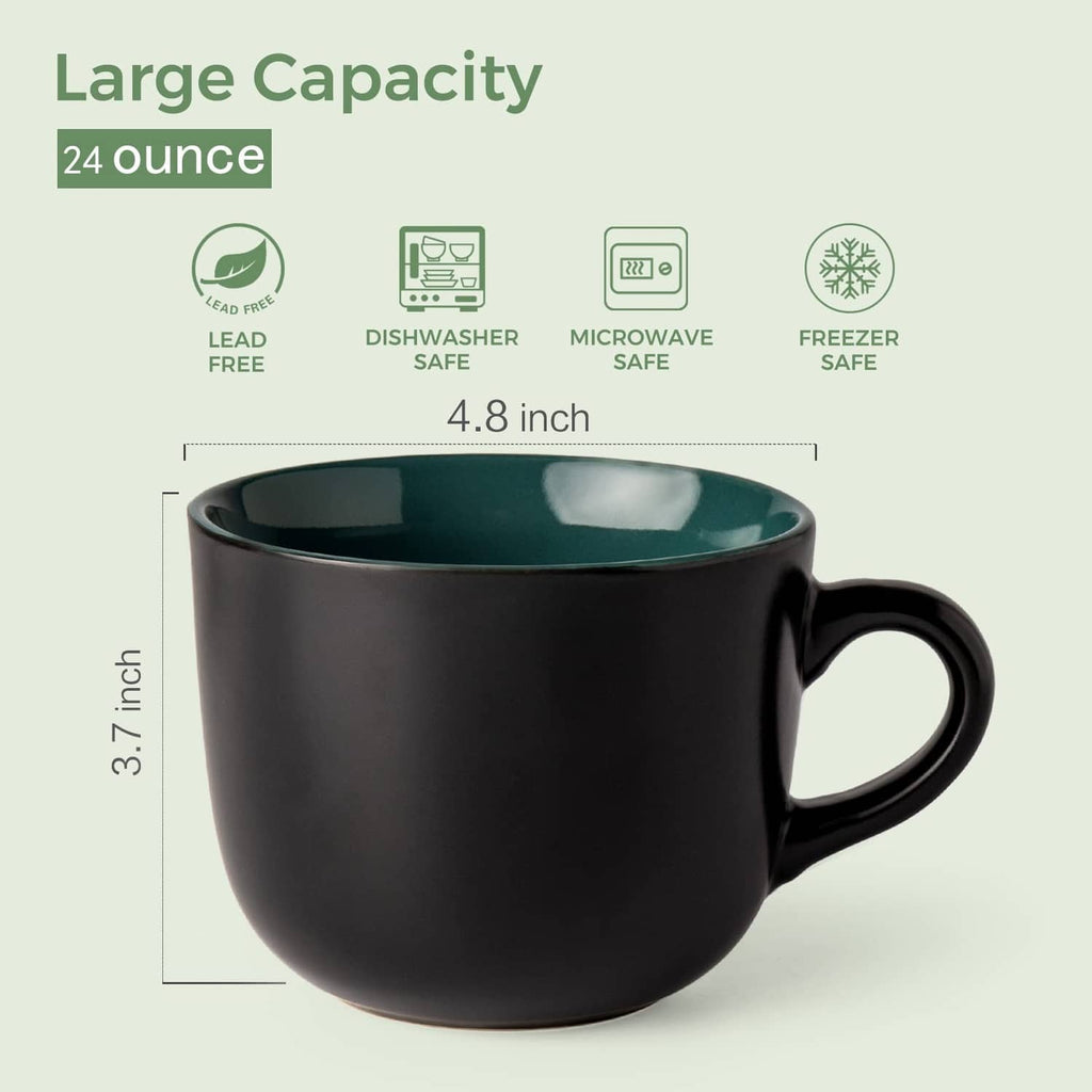 Large-capacity soup mug with handle, matte black exterior and green interior