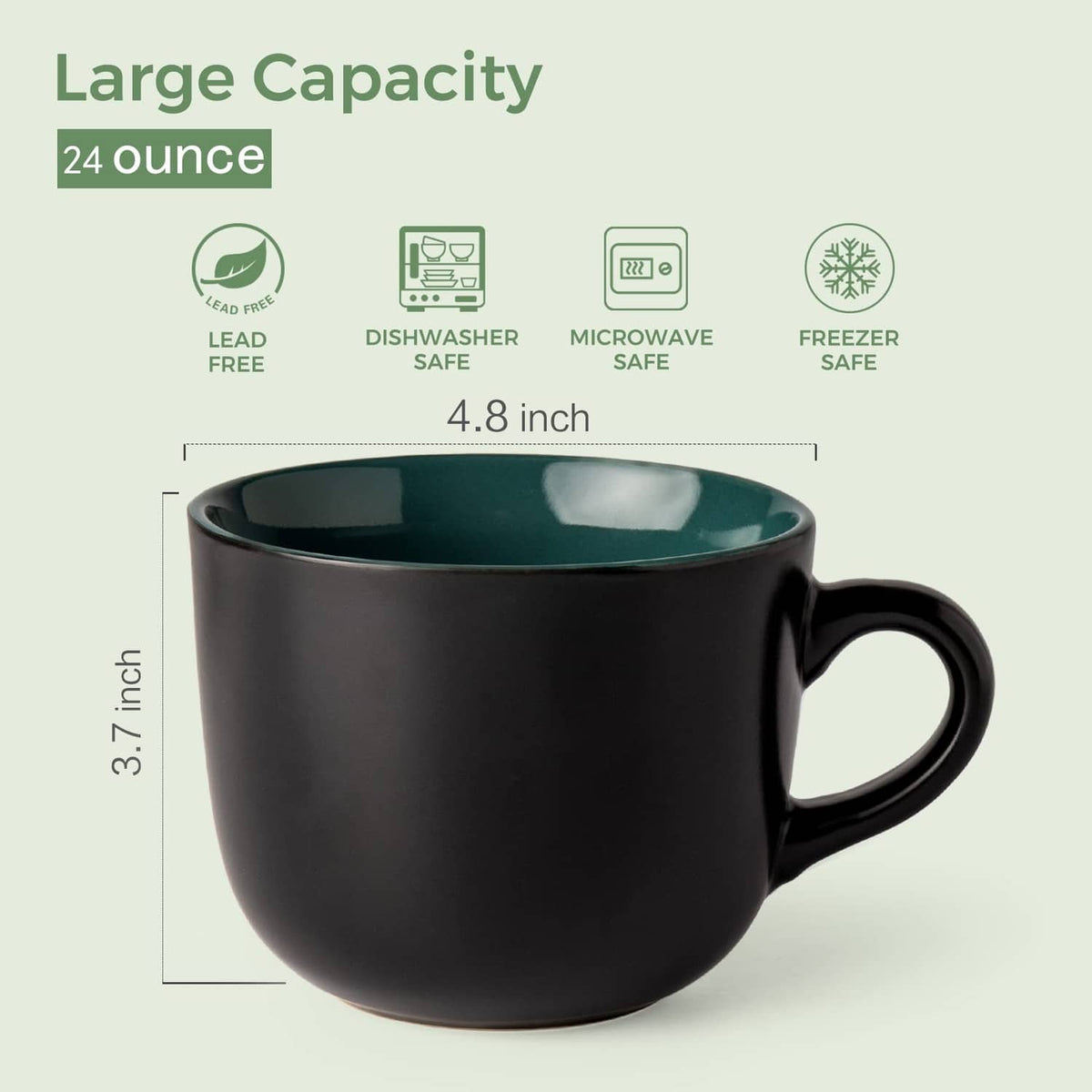 Large-capacity soup mug with handle, matte black exterior and green interior