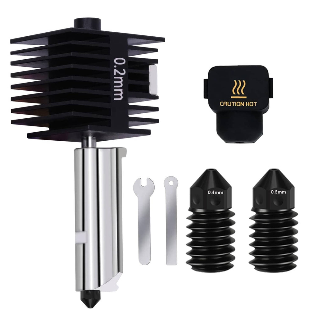 Black and silver hotend assembly with silicone sock and hardened steel nozzle pair