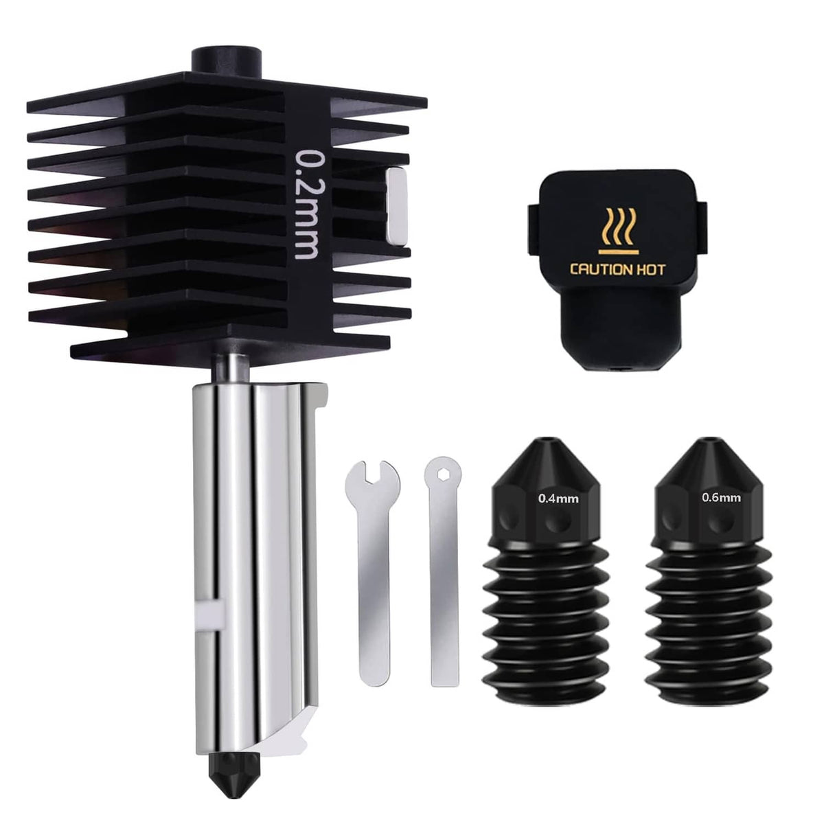 Black and silver hotend assembly with silicone sock and hardened steel nozzle pair